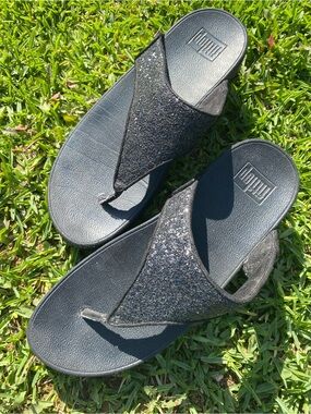 FitFlop Black Glitter Thong Sandals Comfort Wedge Flip Flops US 9